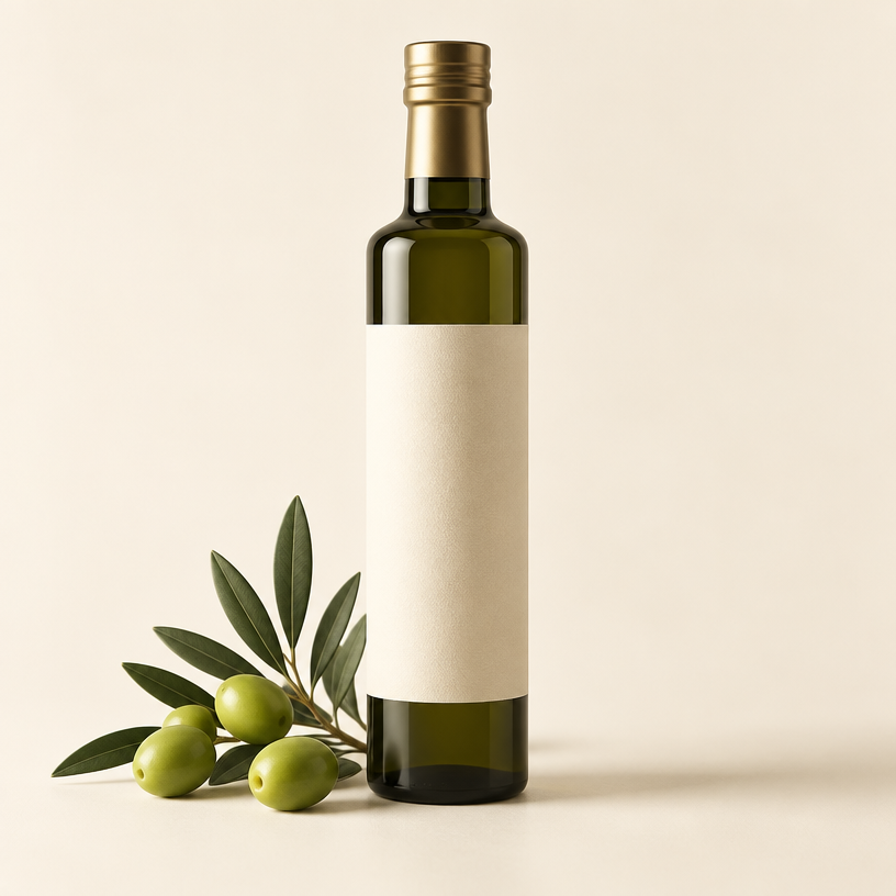Bottle of Luma Grove Early Harvest Olive Oil with green olives