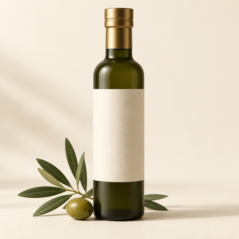Bottle of Luma Grove Everyday Extra Virgin Olive Oil with olive leaves